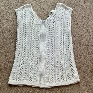 LOFT XS Women Cotton White Crochet Sleeveless Tank Top Blouse V Neck Bow